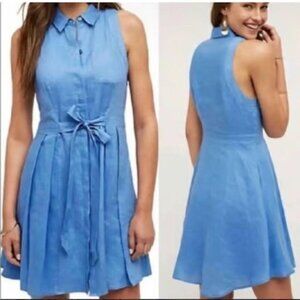 Anthropologie HD in Paris Blue 100% Linen Collared Sleeveless Side Pleated Flare